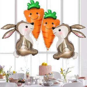 2 Easter Bunny Rabbit & 2 Carrot Foil Balloon Spring Decorations Birthday Party